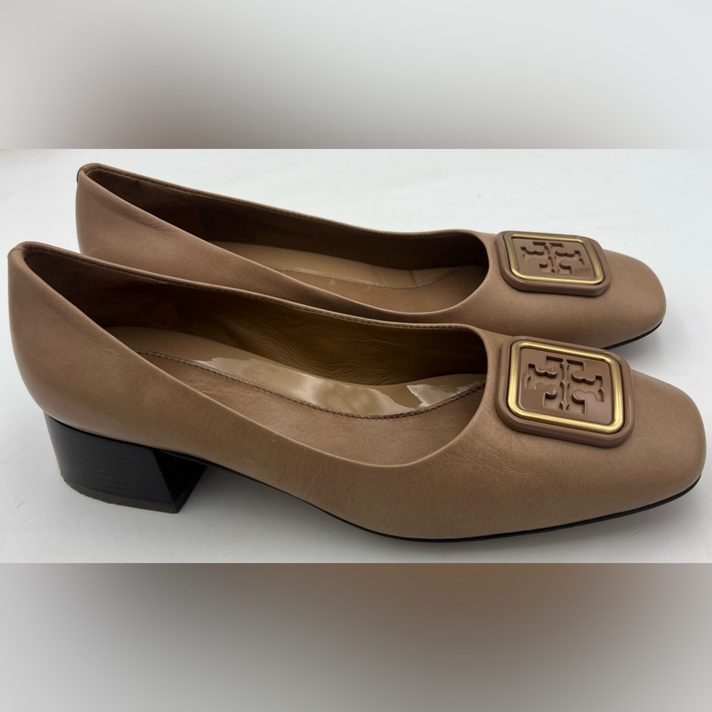 TORY BURCH Georgia Leather 35mm Pump Square Heel Almond Flour Women’s Size 8.5 - Picture 2 of 15